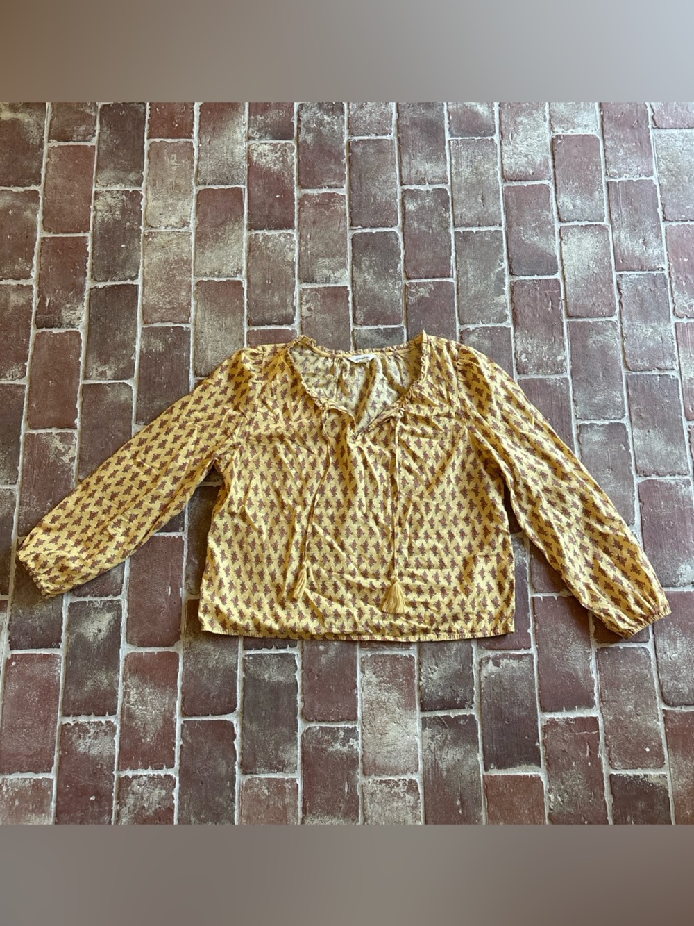 Lucky Brand Mustard Patterned Tie-Neck Peasant Blouse